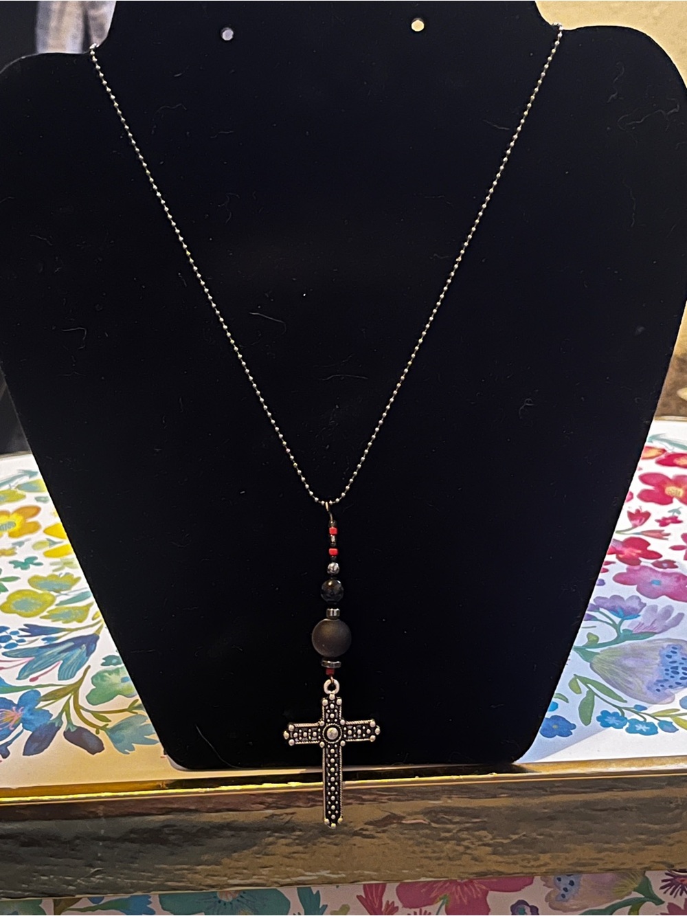 Beautiful one of a kind Handmade Black Bead Cross Pendant Necklace